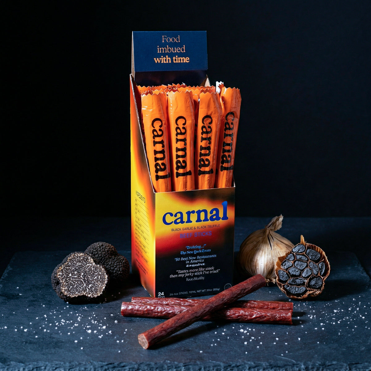 Carnal Black Truffle & Black Garlic Beef Sticks in a 24-stick display box